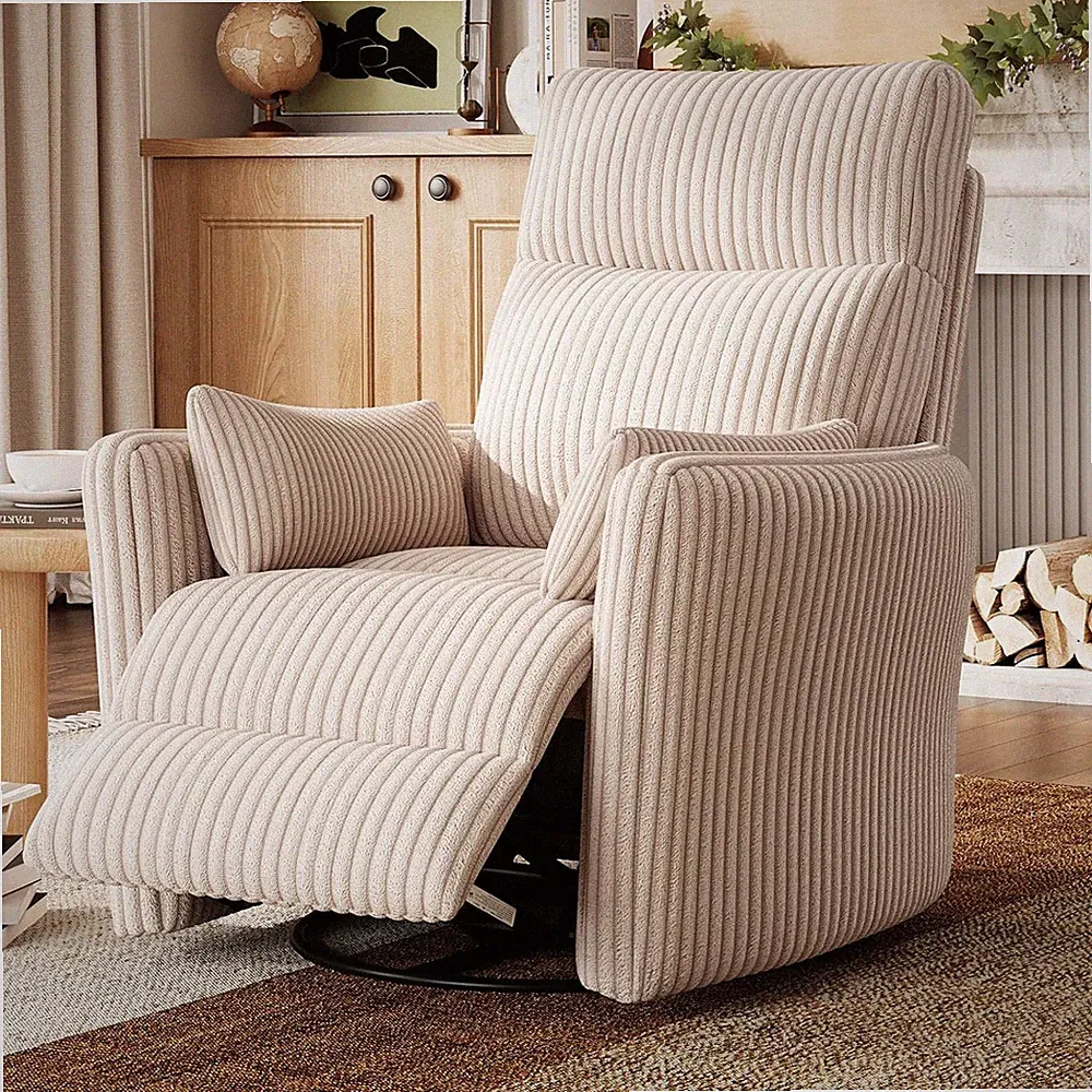 360° Swivel Rocker Recliner - Comfy Beige Nursery Glider with 2 Pillows