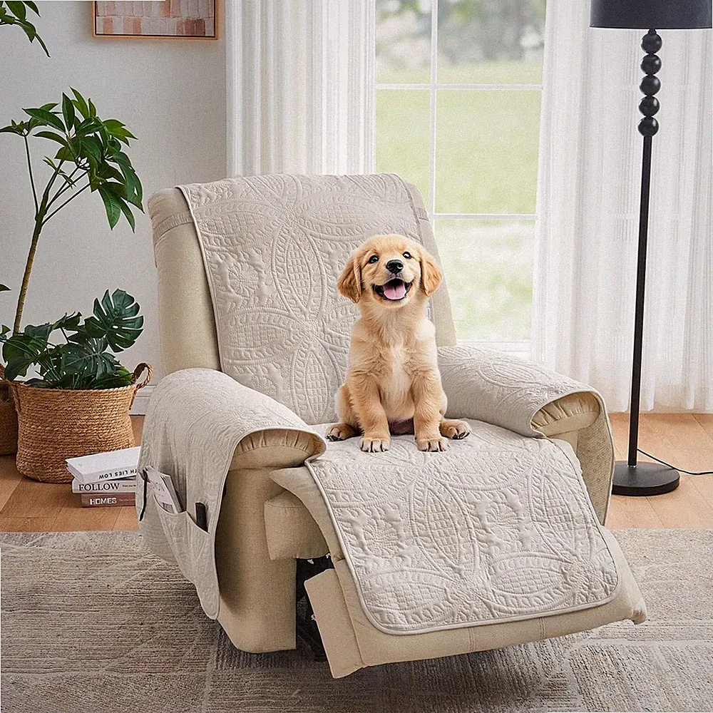 Beige Recliner Chair Covers, Quilted Décor Water-Repellent Medium Lazy Boy